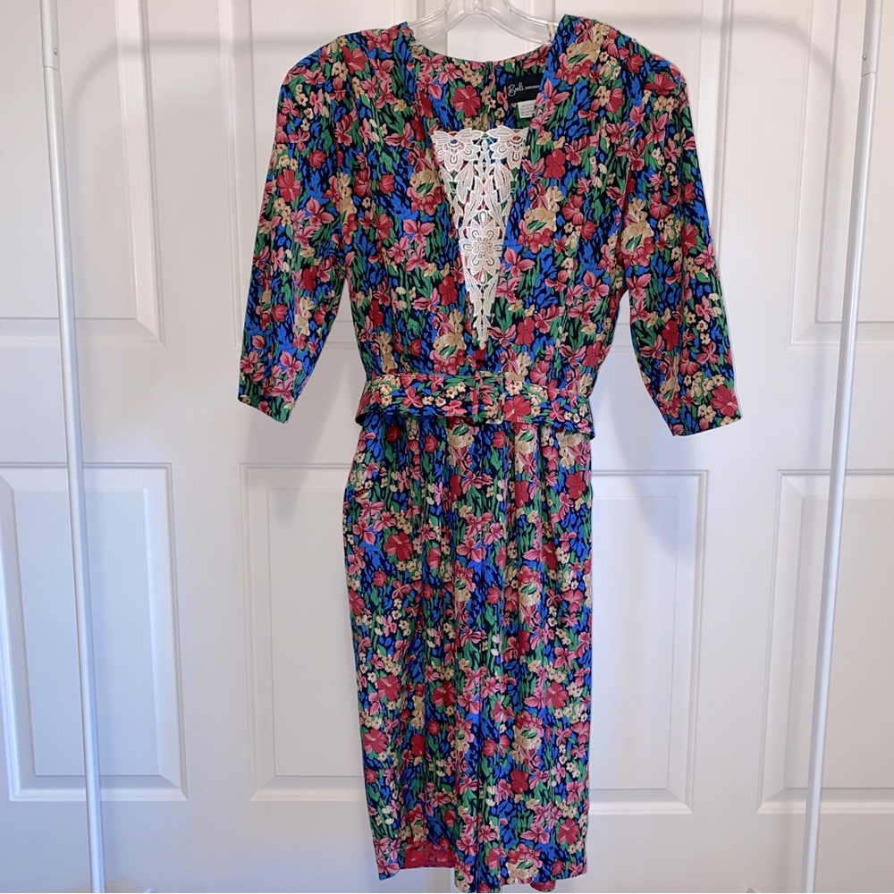 Vintage Breli Original silky floral pencil skirt midi dress shoulder pads lace 8